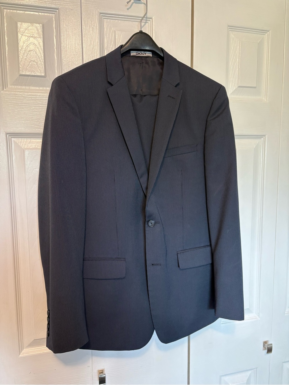 DKNY Men's Dark Navy Pin Stripe Single-Breasted Wool Suit
